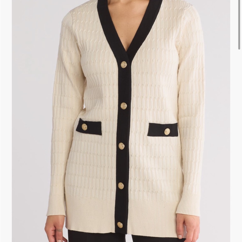 Adrianna Papell Cream and Black Cardigan with Gold Buttons